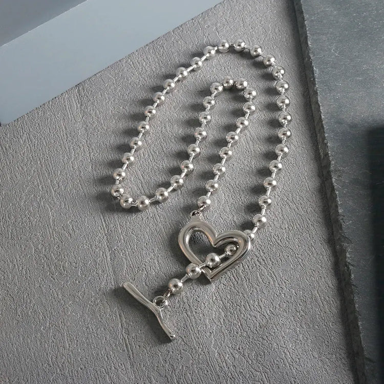Gold Heart Toggle Necklace — Beaded Chain Gift for Her