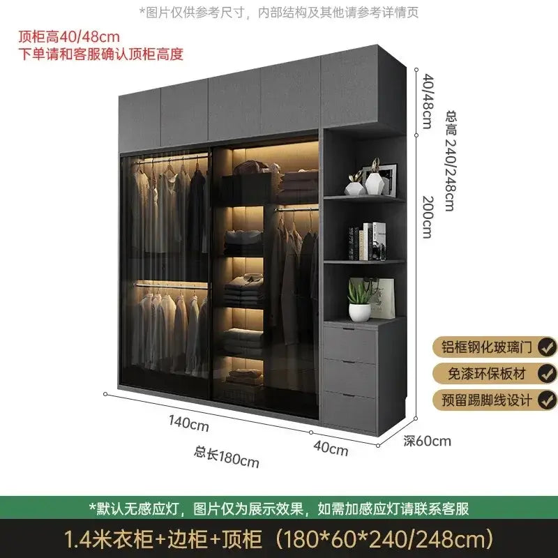 Bedroom Glass Sliding Door Wardrobe Clothes Storage Cabinet Closet Double Wardrobe Cabinets Wardrobes Furniture Modern Simple Jonine&