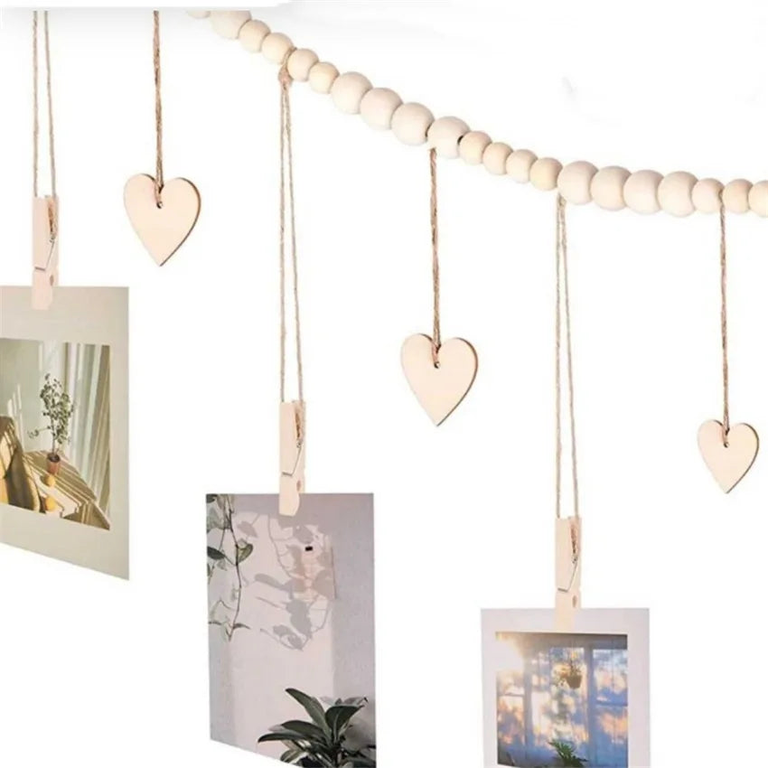 Boho Hanging Photo Display with Wooden Bead Garland — Wall Collage for Bedroom & Office