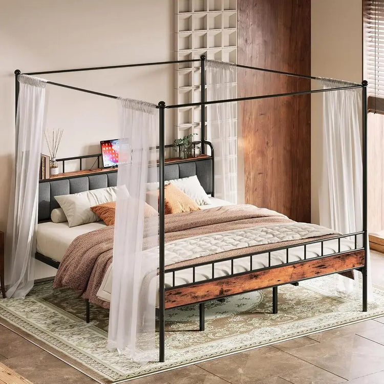 LIKIMIO Canopy Bed Frame Queen, Storage Headboard with Charging Station, Platform Bed with 4 Removable Sturdy Posts, Noise Free Jonine&