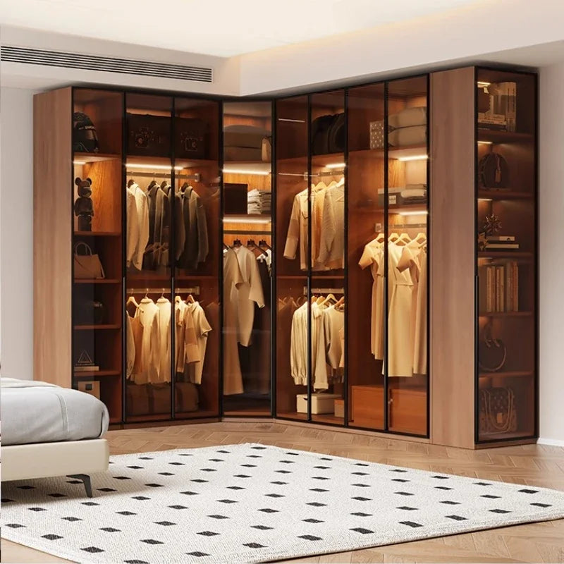 Modern Glass Wardrobe — L-Shaped Corner Closet with Luxury Storage