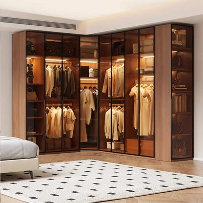 Modern Glass Wardrobe — L-Shaped Corner Closet with Luxury Storage
