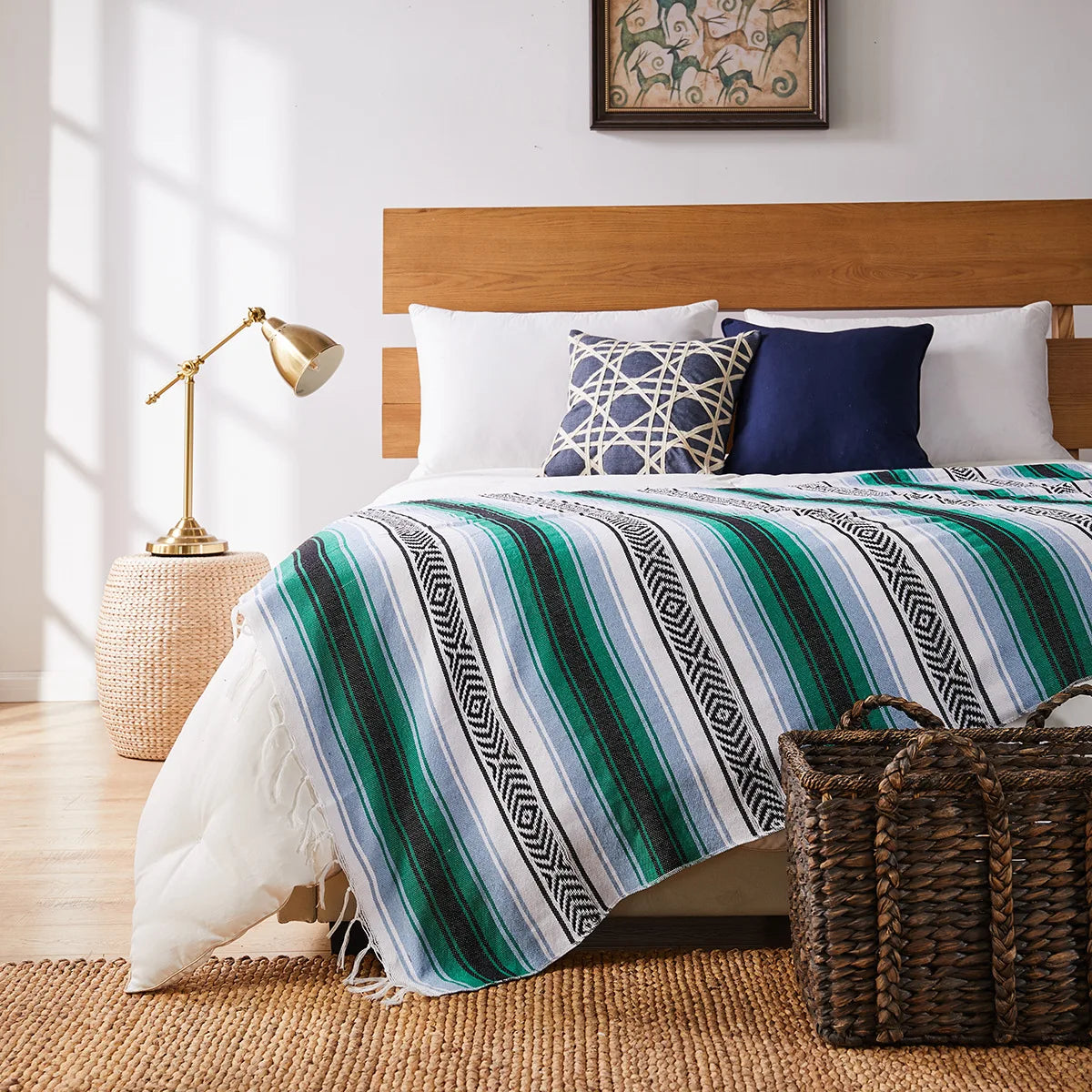 Mexican Handwoven Throw Blanket — Striped Tassel, 130×170cm