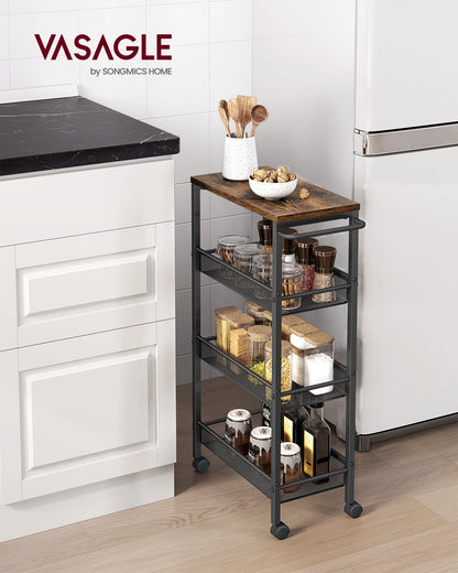 VASAGLE 4-Tier Trolley with Space-Saving Kitchen Trolley with Wheels, Handle, Small Spaces, Bathroom Living Room Study,