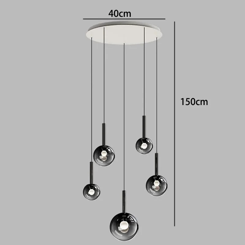 Nordic Stair Chandelier — Living & Dining Room Pendant Ceiling Light featuring five modern black glass pendant lights suspended at varying heights, perfect for minimalist Nordic design and statement lighting.