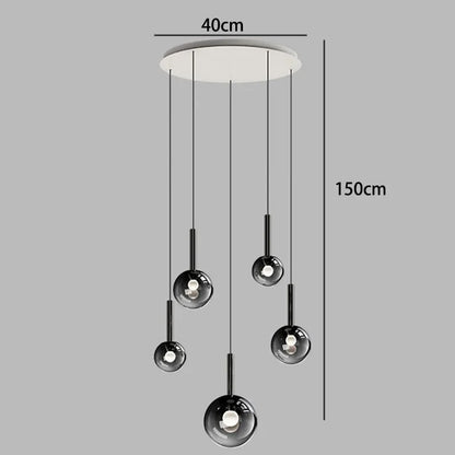 Nordic Stair Chandelier — Living & Dining Room Pendant Ceiling Light featuring five modern black glass pendant lights suspended at varying heights, perfect for minimalist Nordic design and statement lighting.