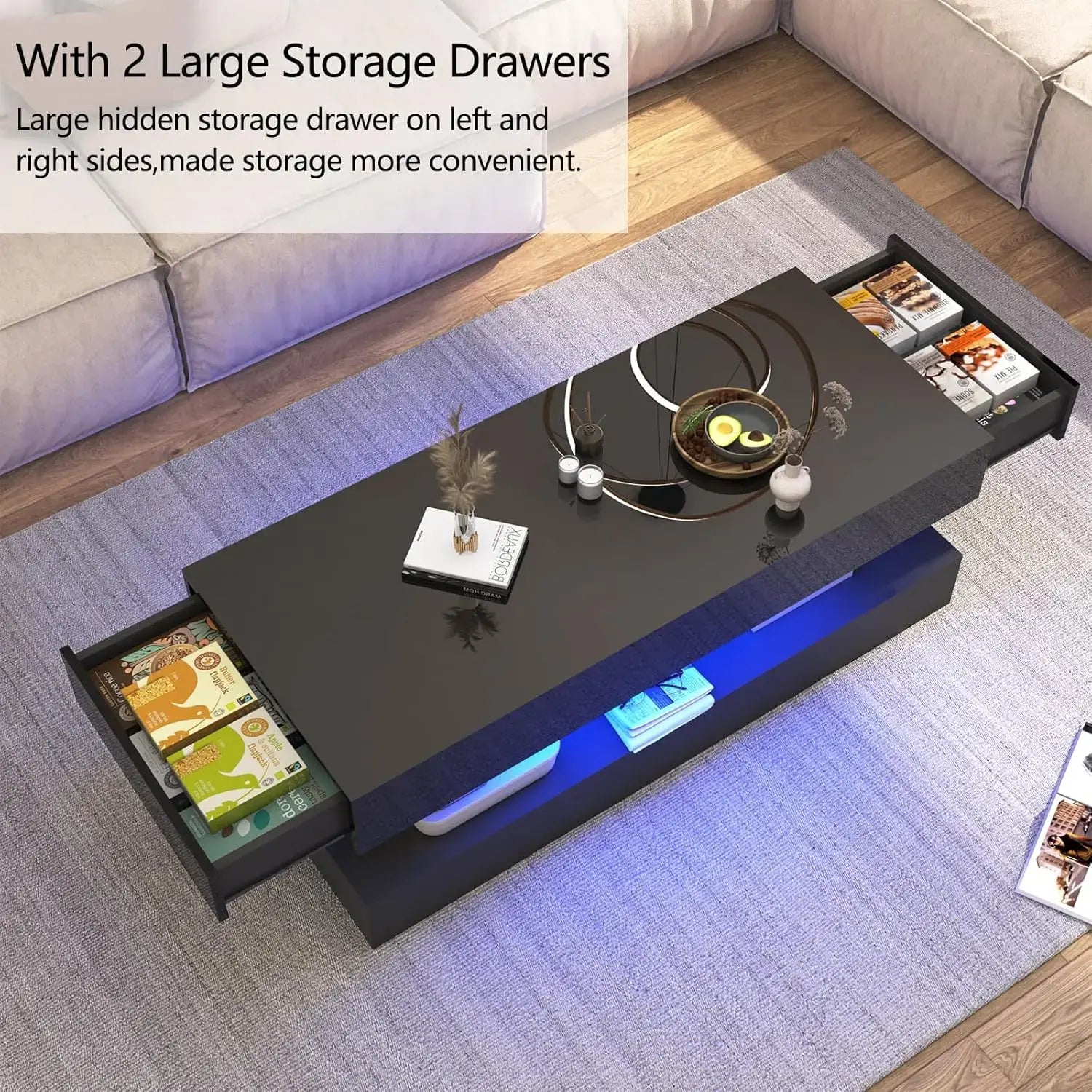 Modern Stylish Coffee Table with LED lights, Double-Layer Design for Living Room Coffee Table with 2 Storage Drawers Jonine&
