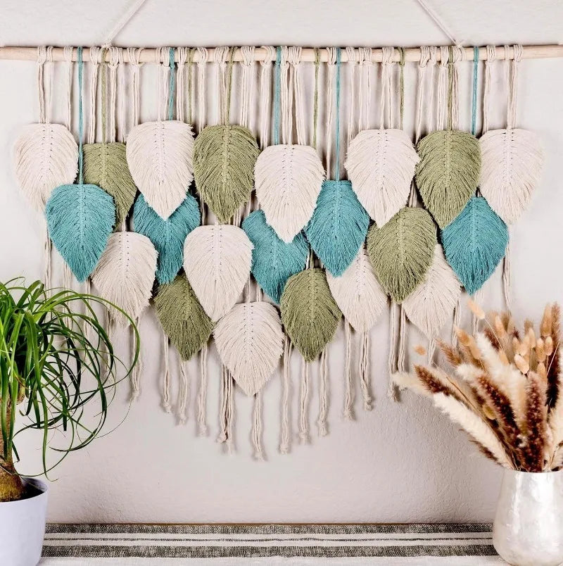 Boho Home Decoration, Macrame Tapestry Macrame Leaf Feather Wall Hanging Decor for Living Room Bedroom, Boho Wall Art Home Decor