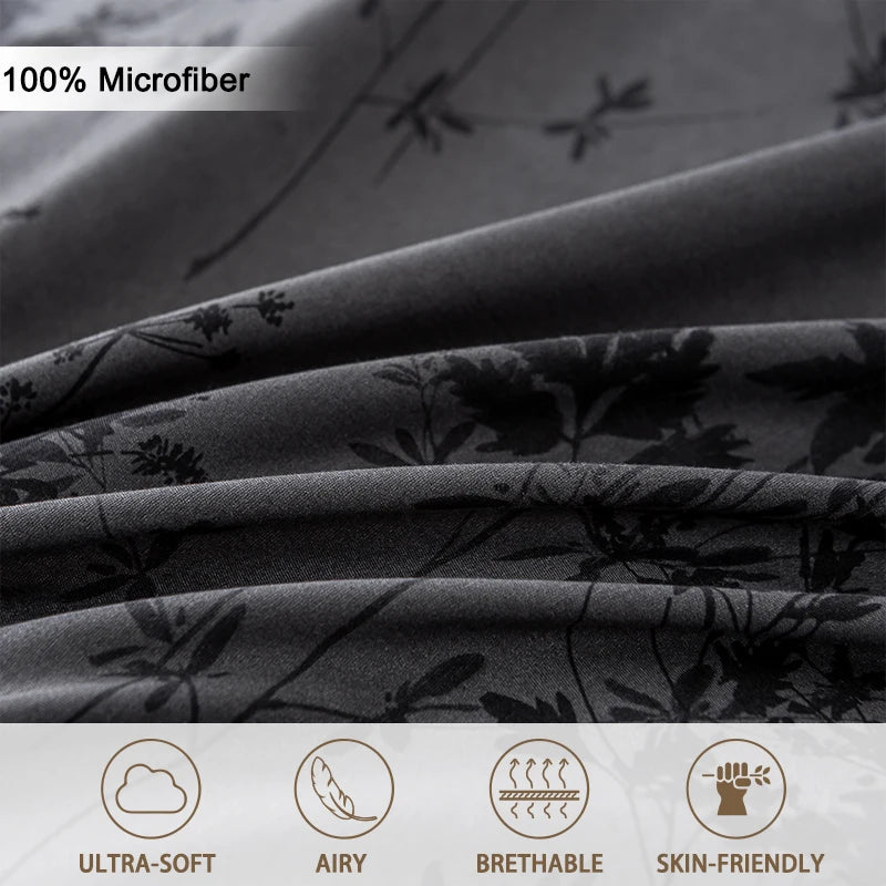 Black and White Plant Print Three-Piece Quilt Cover Set (1 Quilt Cover + 2 Pillowcases) Ultra-Soft Breathable Fabric, Skin-Friendly, Comfortable, Breathable, Machine Washable, Suitable for All Seasons, Elegant and Exquisite, Jonine&