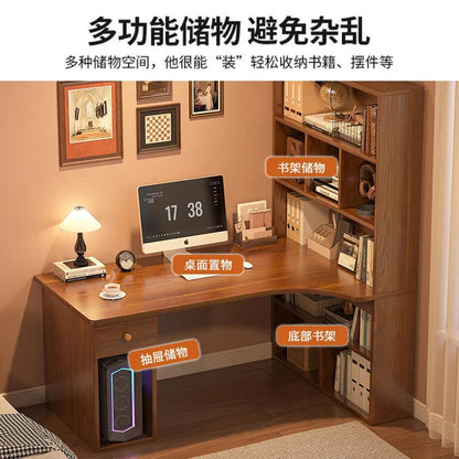 L-Shaped Corner Desk with Bookshelf — Dual Monitor &amp; Home Office
