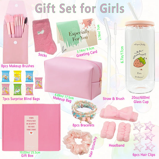 Teen Girl Gift Set — Glass Cup, Lid & Straw with Makeup Brushes