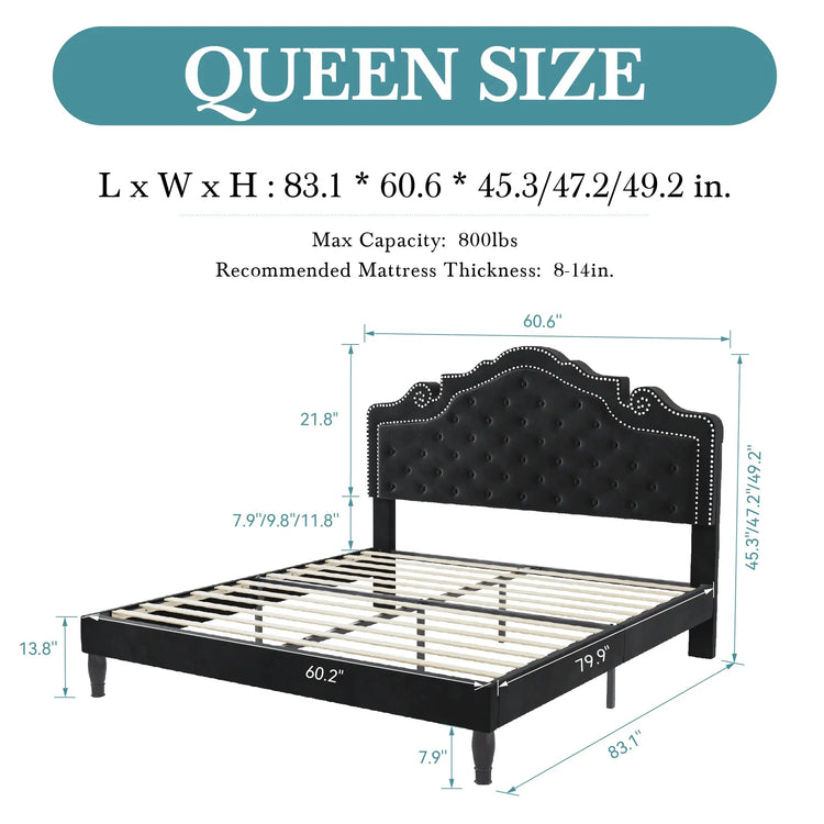 HOOMIC Velvet Tiara Bed Frame – Glamorous Queen Platform Bed