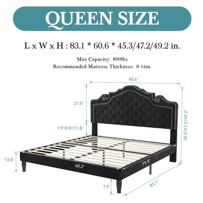 Velvet Platform Bed Frame with Adjustable Tiara Headboard — Diamond Tufted, Full/Queen/King Jonine&