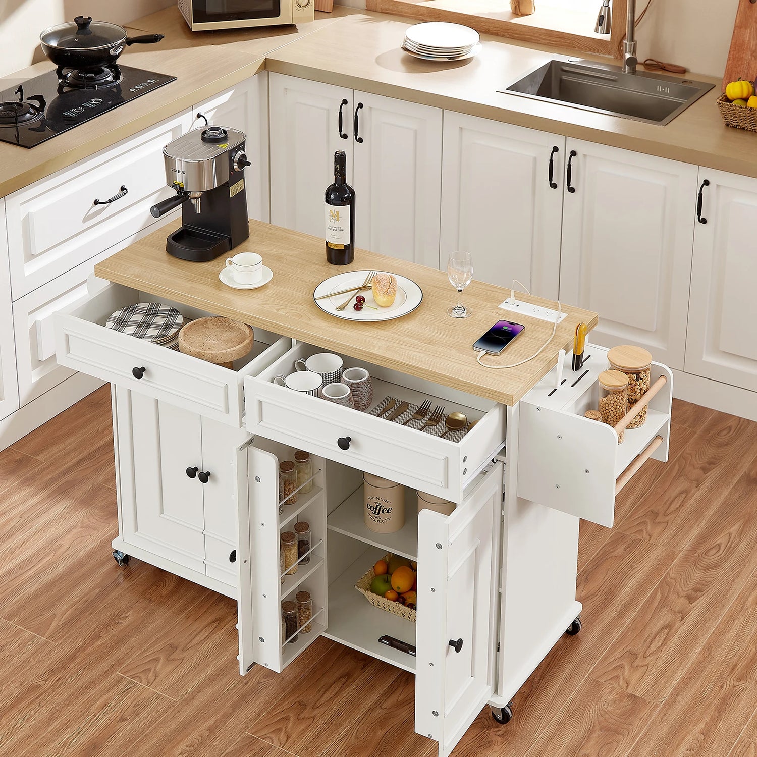 The Kitchen That Moves With You — 60" Rolling Island Cart with Power Outlet