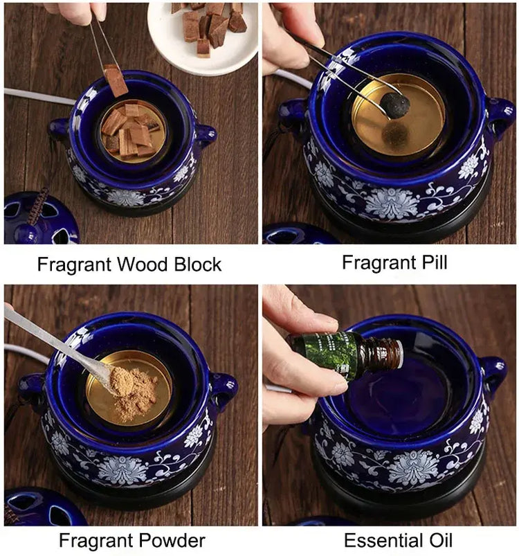 Electric Ceramic Aromatherapy Incense Burner — Adjustable Temperature, OUDH & Essential Oils