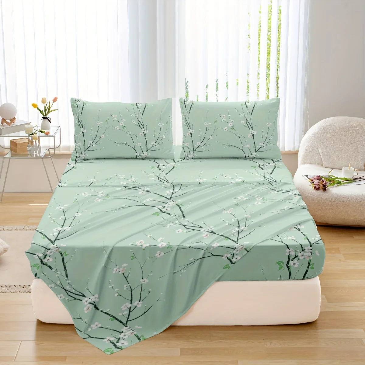 Dolin Plum Blossom Print Bedding Set (1 Fitted Sheet, 1 Flat Sheet, 2 Pillowcases) Ultra-Soft Breathable Fabric, Skin-Friendly, Comfortable, Breathable, Machine Washable, Suitable for All Seasons, Elegant and Exquisite, Ideal Jonine&