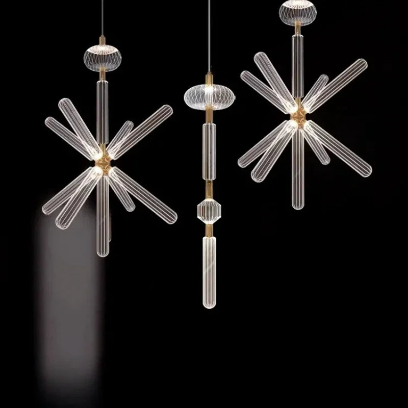 Nordic Luxury Art Glass Chandelier — High-End Pendant Lamp Home Décor featuring modern clear glass rods arranged in starburst and linear designs for elegant pendant lighting in luxury home décor.