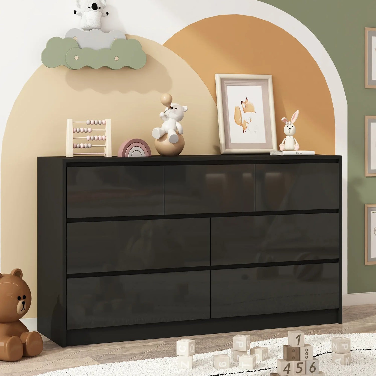 7 Drawer Dresser for Bedroom, 55 Inch Modern Dresser with High Gloss Drawers, Large Wood Chest of Drawer, White/Black Jonine&
