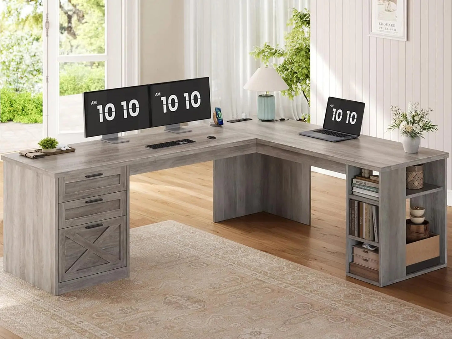 Farmhouse 67" L-Shaped Desk with 3 Drawers & Storage Shelves