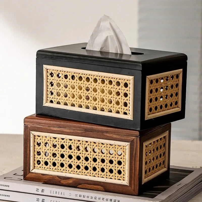 Rattan and wood tissue box cover with woven front panel and rectangular top opening