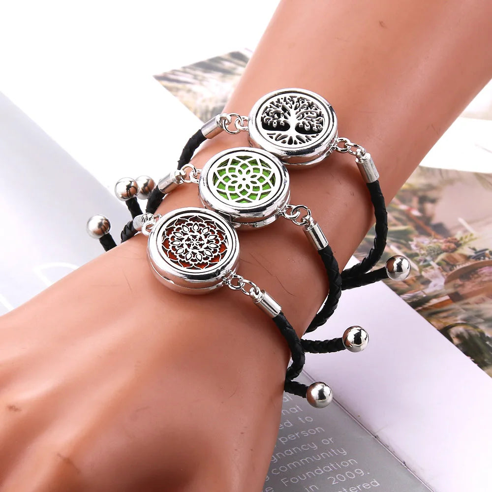 The Scent Locket — Aromatherapy Essential Oil Diffuser Bracelet in Black Leather &amp; Stainless Steel