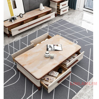 Marble & Wood Living Room Furniture Set — Coffee Table, TV Stand & Side Cabinets