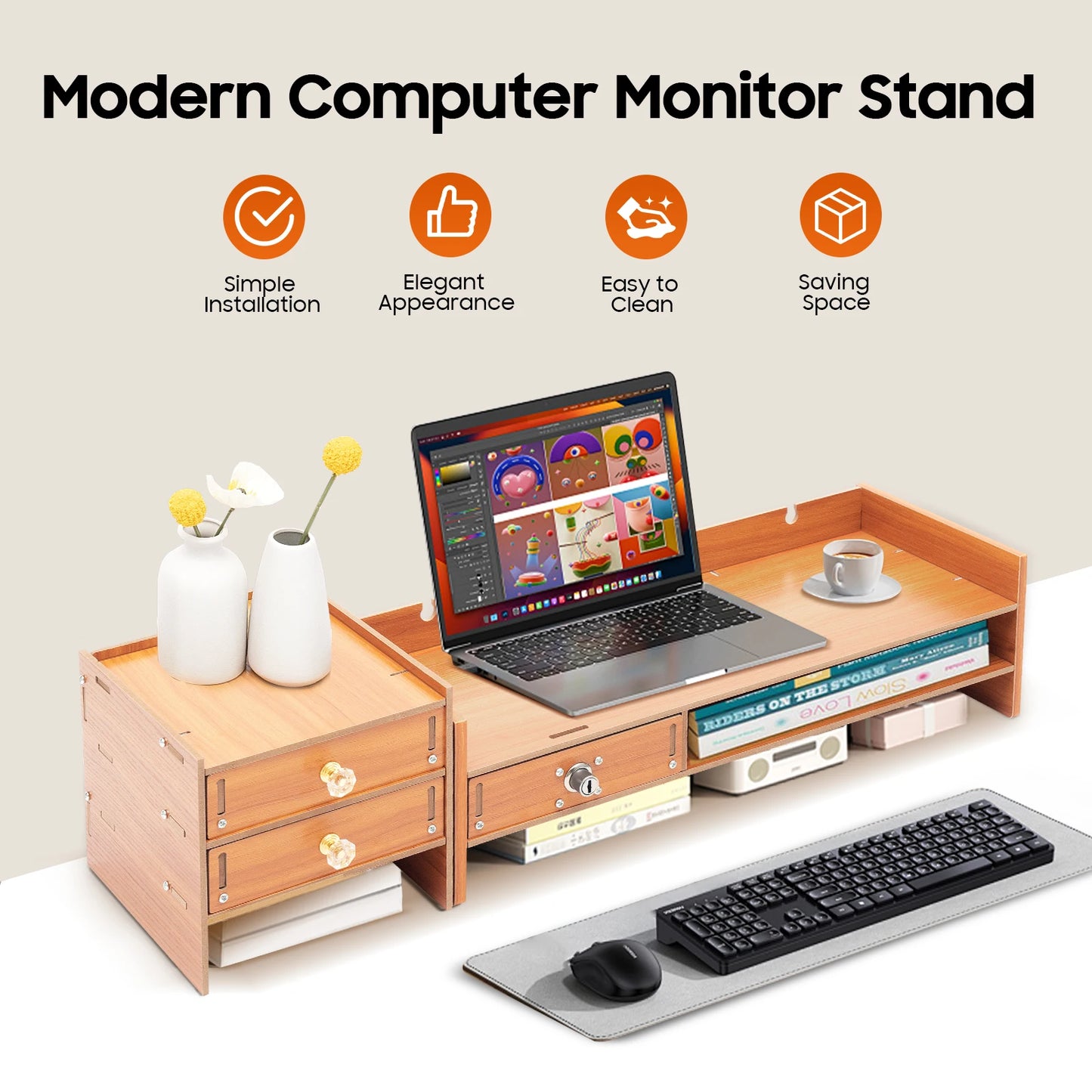 Lift, Store, Organise — Monitor Stand with Drawers, Key Hook & Phone Holder