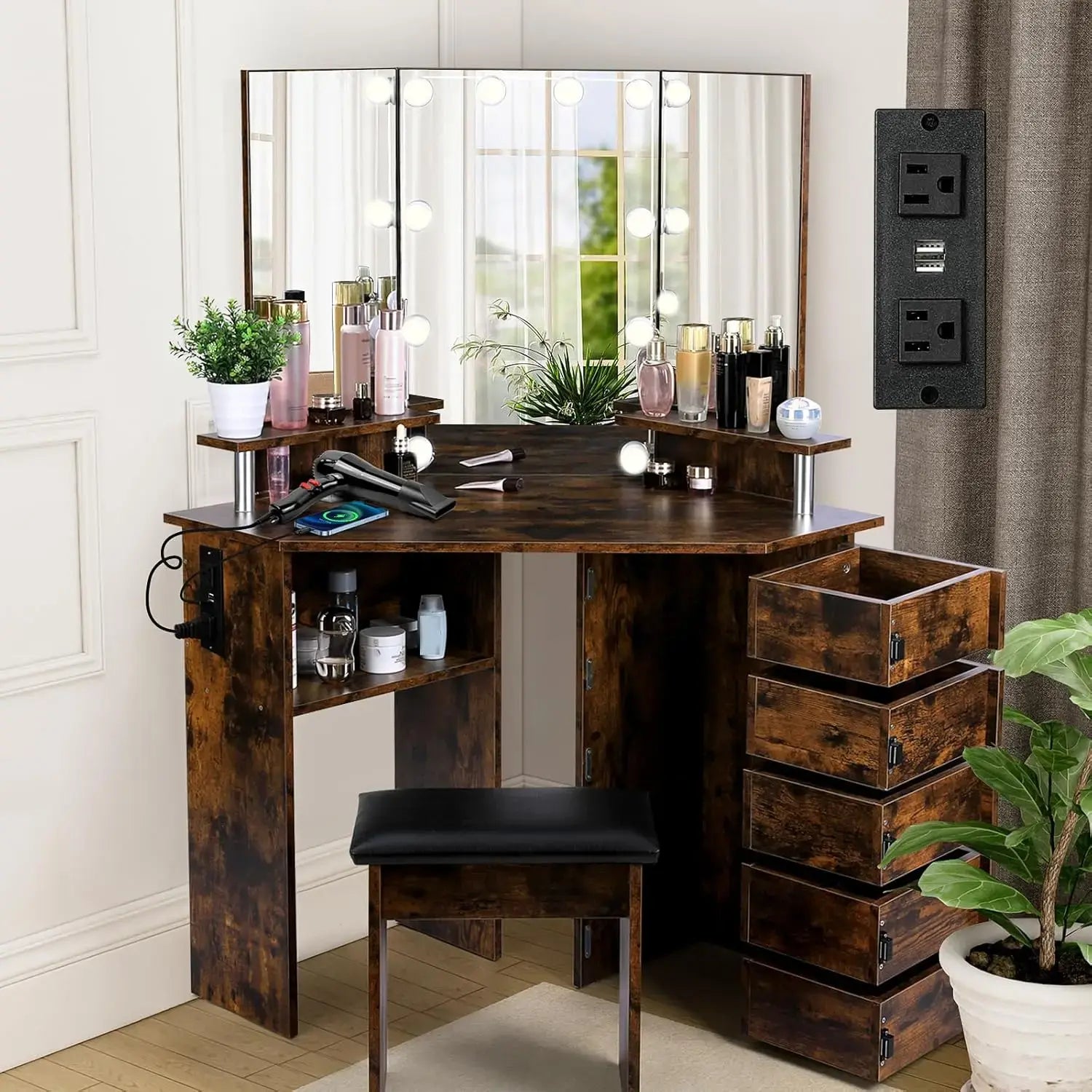 Vanity with Lights - Makeup Vanity Desk with Power Outlet, 3 Color Lighting Options Brightness Adjustable, Vanity, Customized Jonine&