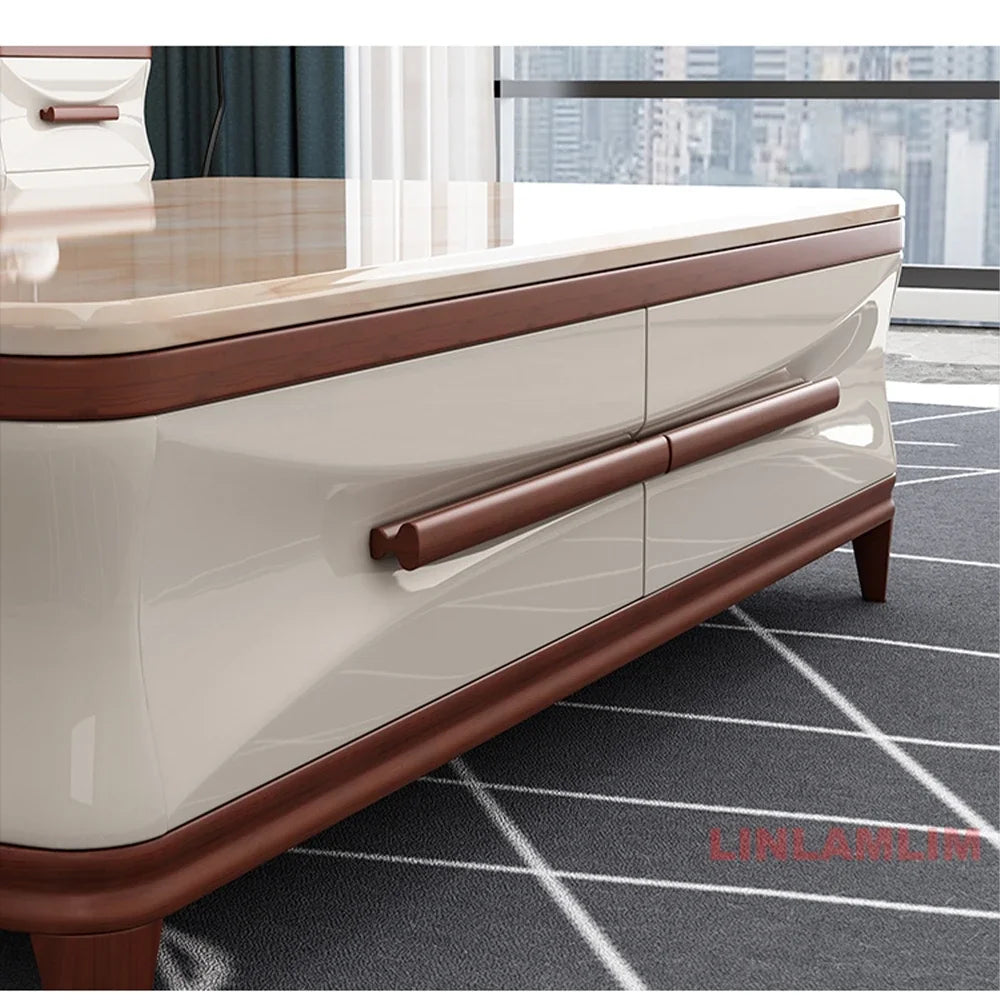 Marble & Wood Living Room Furniture Set — Coffee Table, TV Stand & Side Cabinets