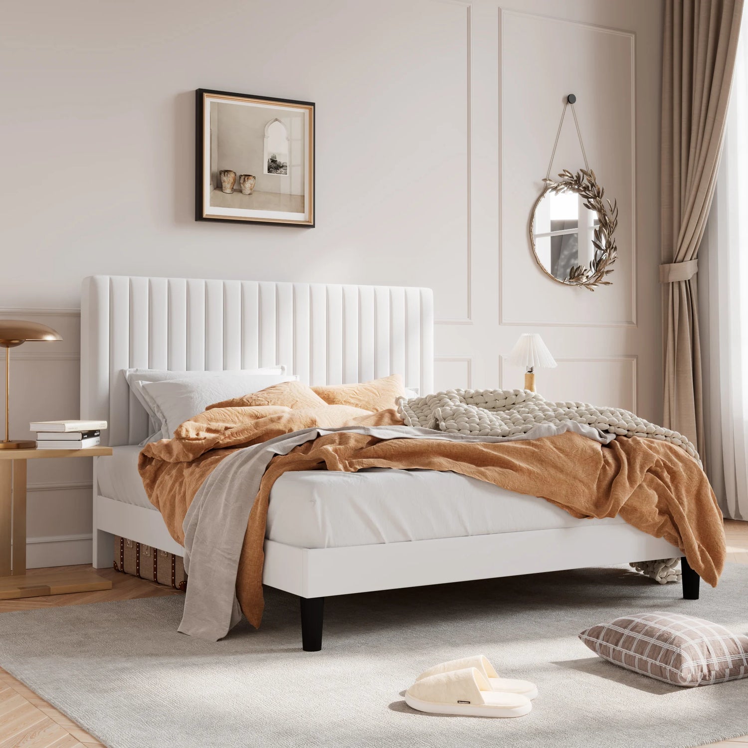 HOOMIC Upholstered Platform Bed Frame with Vertical Channel Tufted Velvet Fabric Adjustable Headboard Allewie
