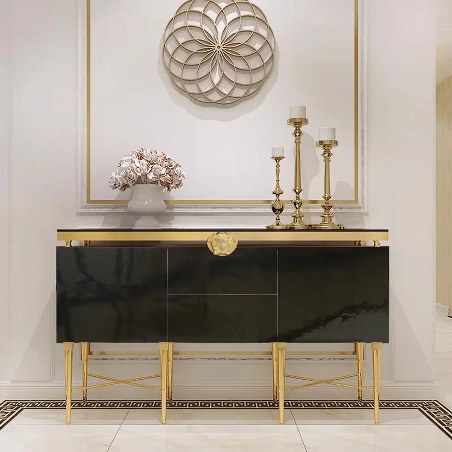 Modern Glass &amp; Steel Sideboard Cabinet