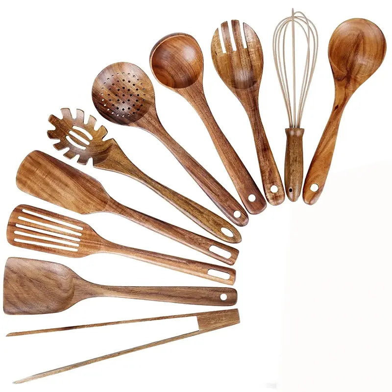 Natural Teak Wood Kitchen Utensil Set – 10-Piece Cooking Tools