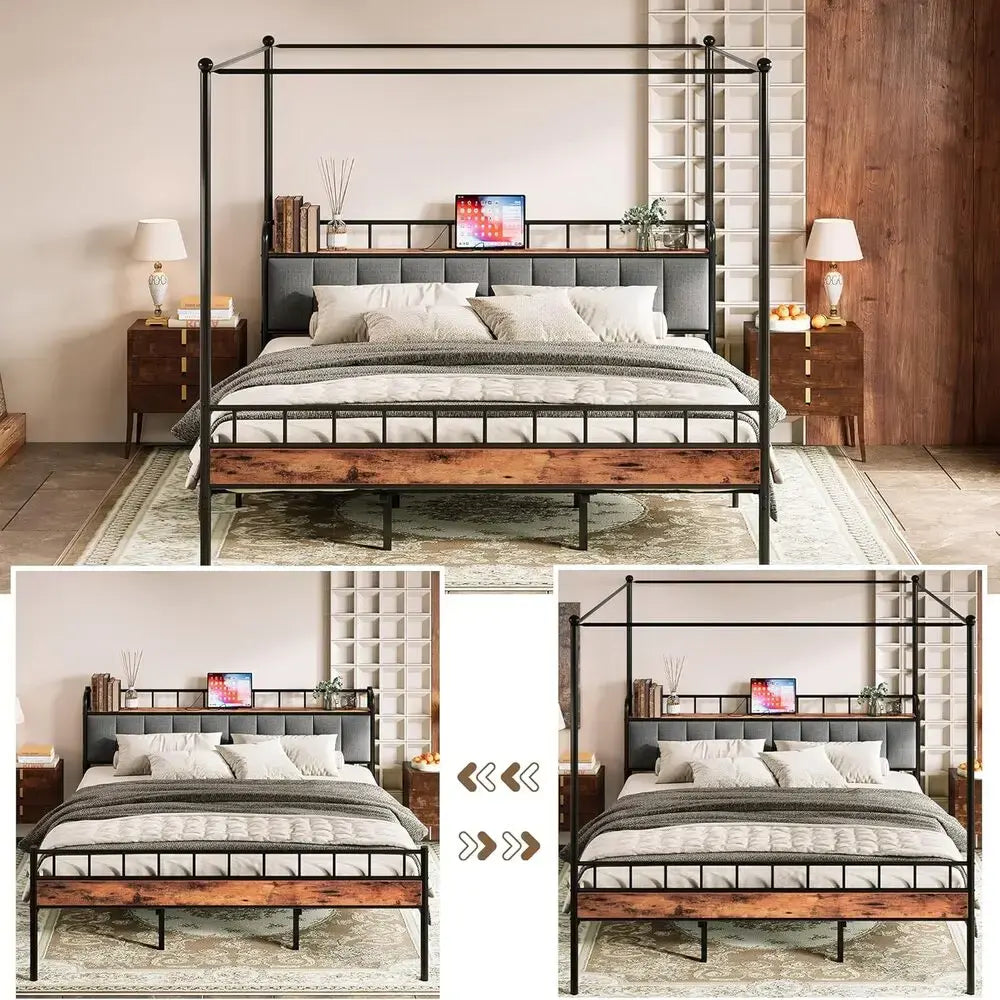 LIKIMIO Canopy Bed Frame Queen, Storage Headboard with Charging Station, Platform Bed with 4 Removable Sturdy Posts, Noise Free Jonine&