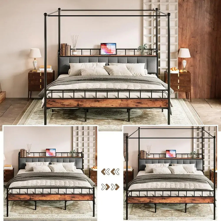 LIKIMIO Canopy Bed Frame Queen, Storage Headboard with Charging Station, Platform Bed with 4 Removable Sturdy Posts, Noise Free Jonine&
