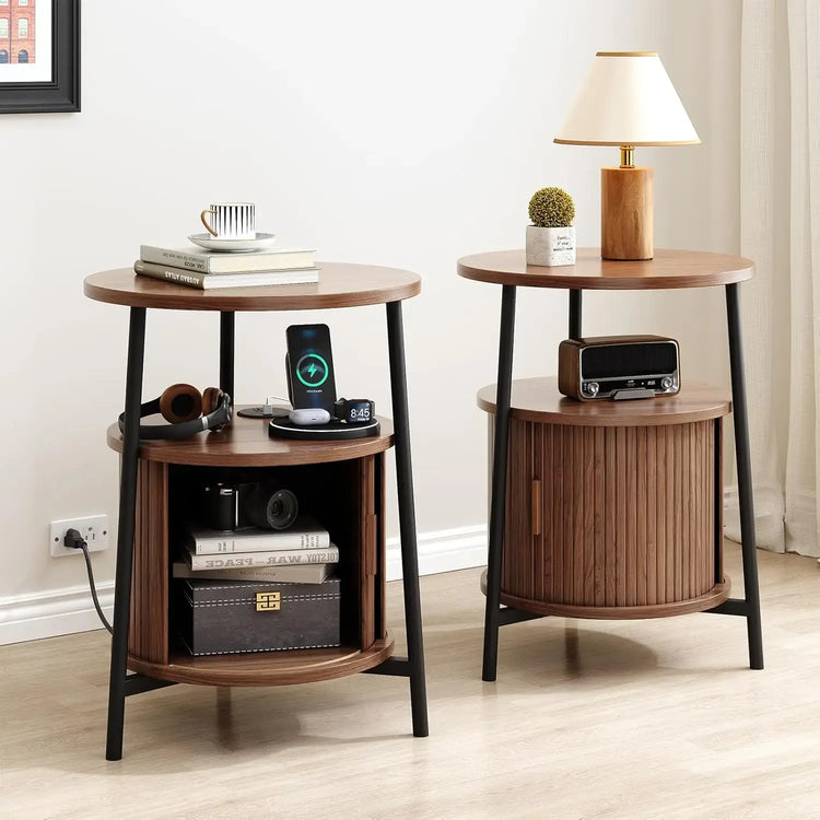 Fluted Round End Table, Mid Century Bedside Table, Modern Nightstands Set Of 2 For Living Room, Bedroom, Entryway Jonine&