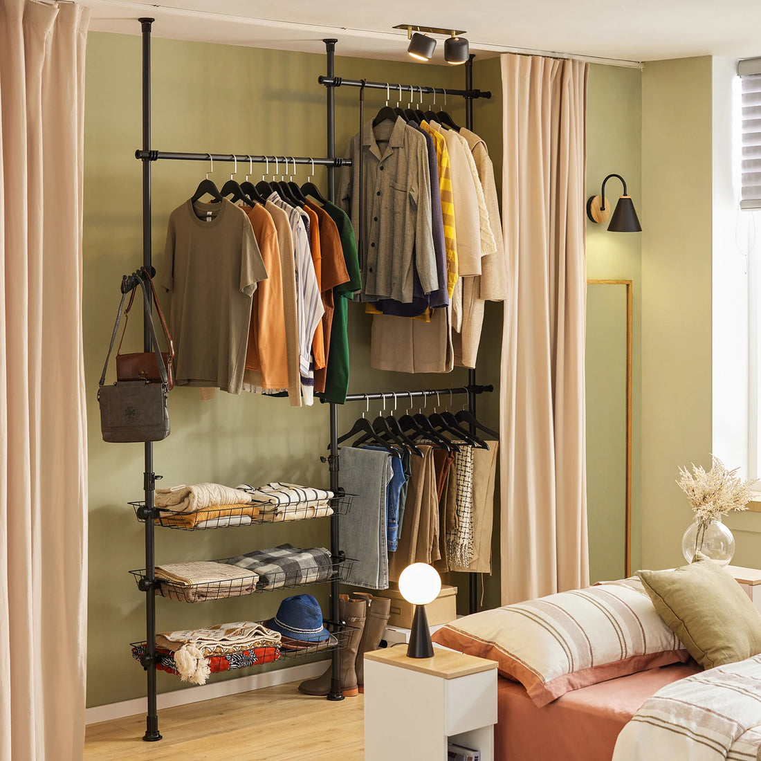 SoBuy FRG34 Shelving System with 3 dresses Bars and 3 Baskets Telescopic Wardrobe System Adjustable Order System