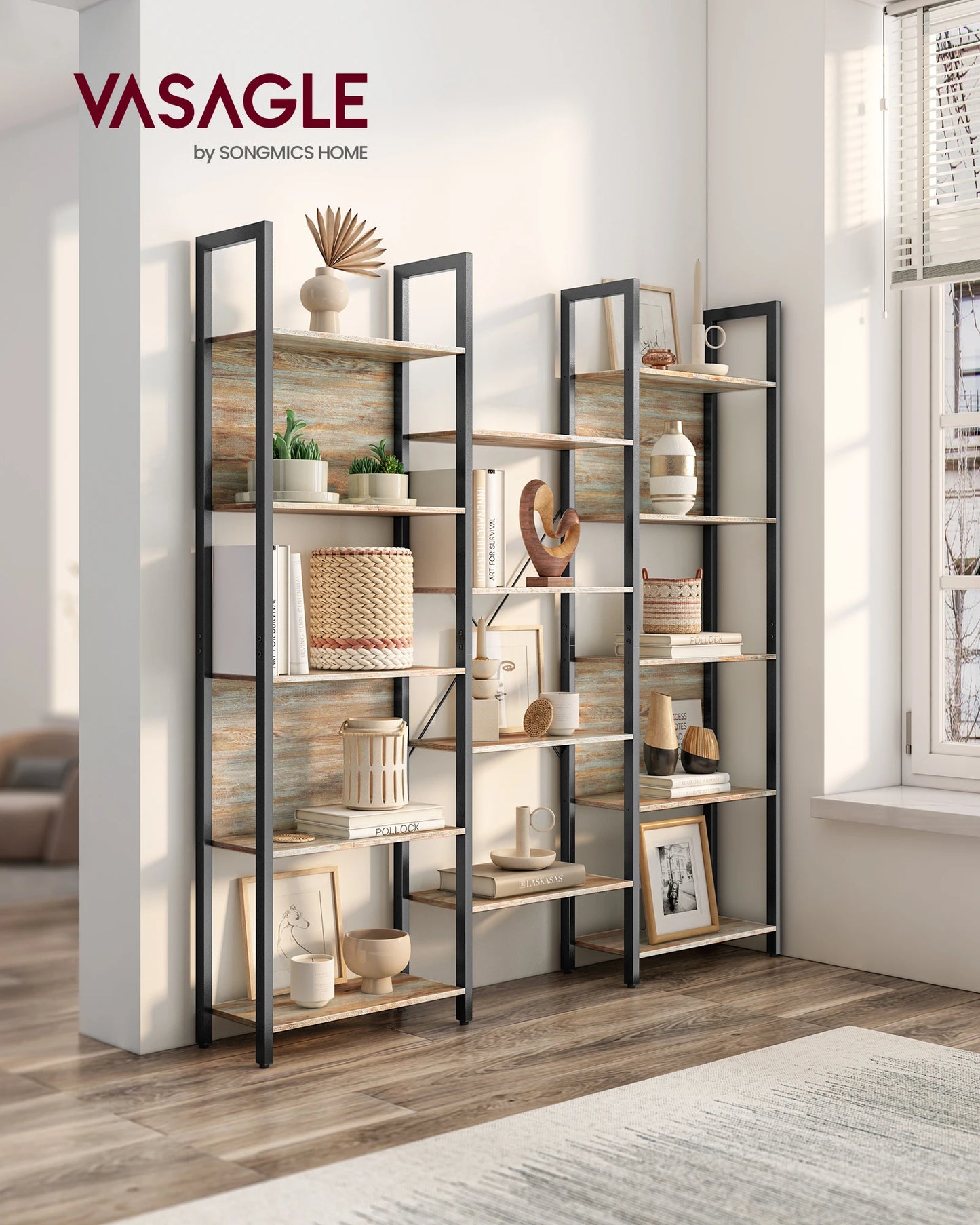 VASAGLE Bookshelf, 14 Shelves, Metal Rack for living room Study office Industrial Design