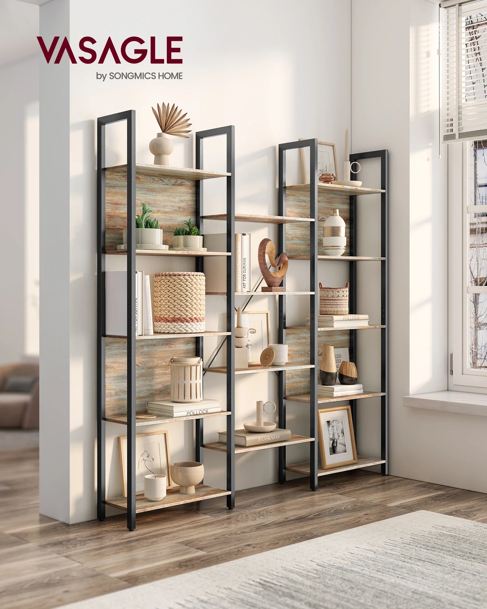VASAGLE Bookshelf, 14 Shelves, Metal Rack for living room Study office Industrial Design