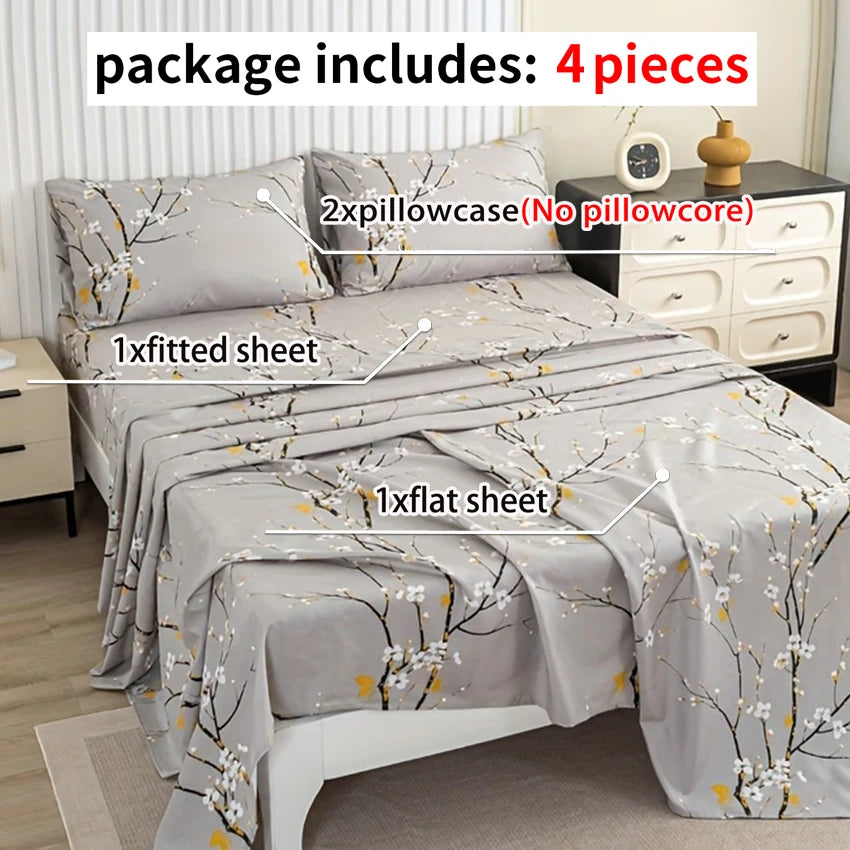Dolin Plum Blossom Print Bedding Set (1 Fitted Sheet, 1 Flat Sheet, 2 Pillowcases) Ultra-Soft Breathable Fabric, Skin-Friendly, Comfortable, Breathable, Machine Washable, Suitable for All Seasons, Elegant and Exquisite, Ideal Jonine&