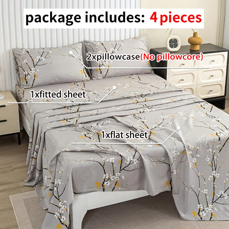 Dolin Plum Blossom Print Bedding Set (1 Fitted Sheet, 1 Flat Sheet, 2 Pillowcases) Ultra-Soft Breathable Fabric, Skin-Friendly, Comfortable, Breathable, Machine Washable, Suitable for All Seasons, Elegant and Exquisite, Ideal Jonine&