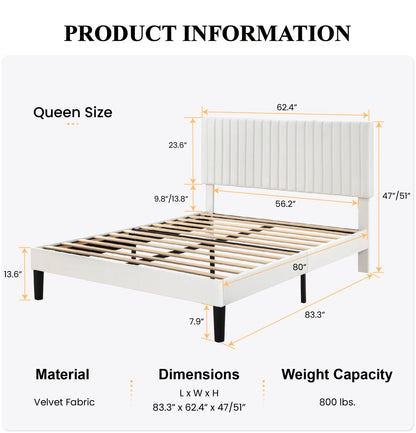HOOMIC Upholstered Platform Bed Frame with Vertical Channel Tufted Velvet Fabric Adjustable Headboard Allewie