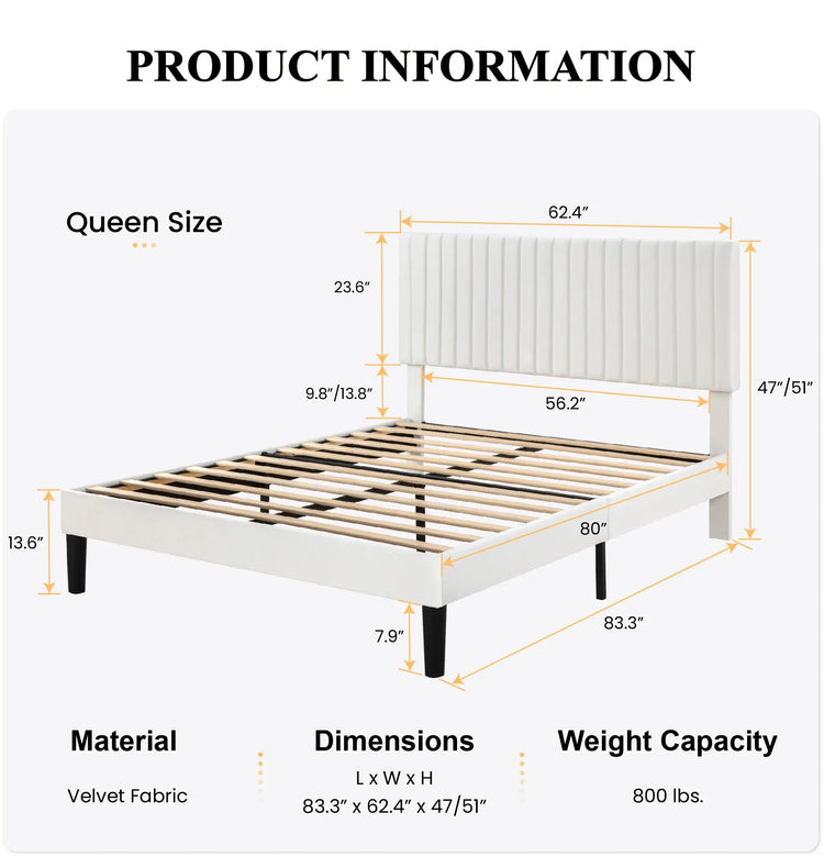 Velvet Platform Bed Frame – Adjustable Headboard & Storage