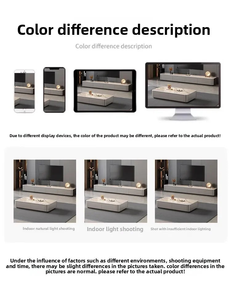 Graphic showing how the Nordic Clear Designer Coffee Table — Minimalist Living Room Décor appears under various indoor lighting conditions on different digital devices to illustrate color differences.