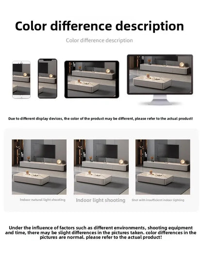 Graphic showing how the Nordic Clear Designer Coffee Table — Minimalist Living Room Décor appears under various indoor lighting conditions on different digital devices to illustrate color differences.