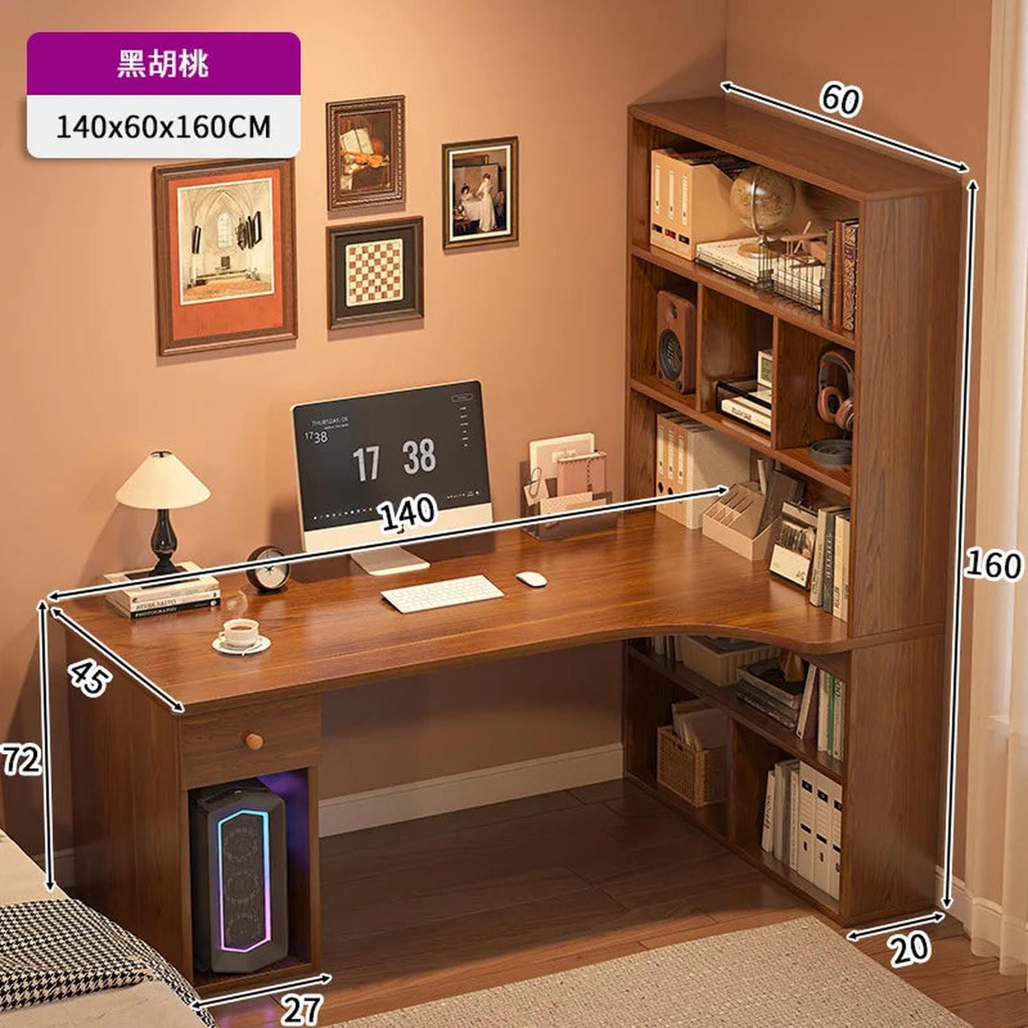 L-Shaped Corner Desk with Bookshelf — Dual Monitor &amp; Home Office