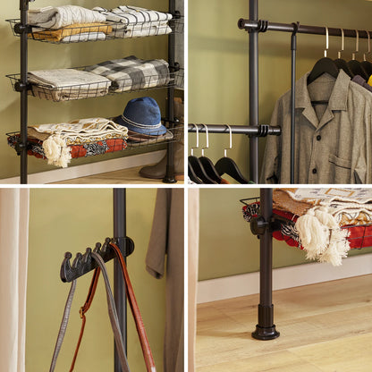 SoBuy FRG34 Shelving System with 3 dresses Bars and 3 Baskets Telescopic Wardrobe System Adjustable Order System