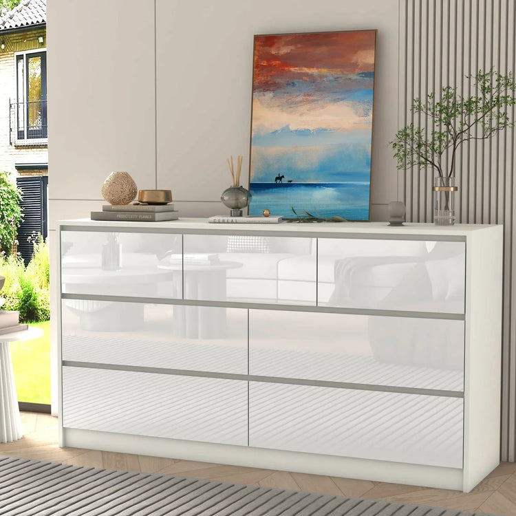 7 Drawer Dresser for Bedroom, 55 Inch Modern Dresser with High Gloss Drawers, Large Wood Chest of Drawer, White/Black Jonine&