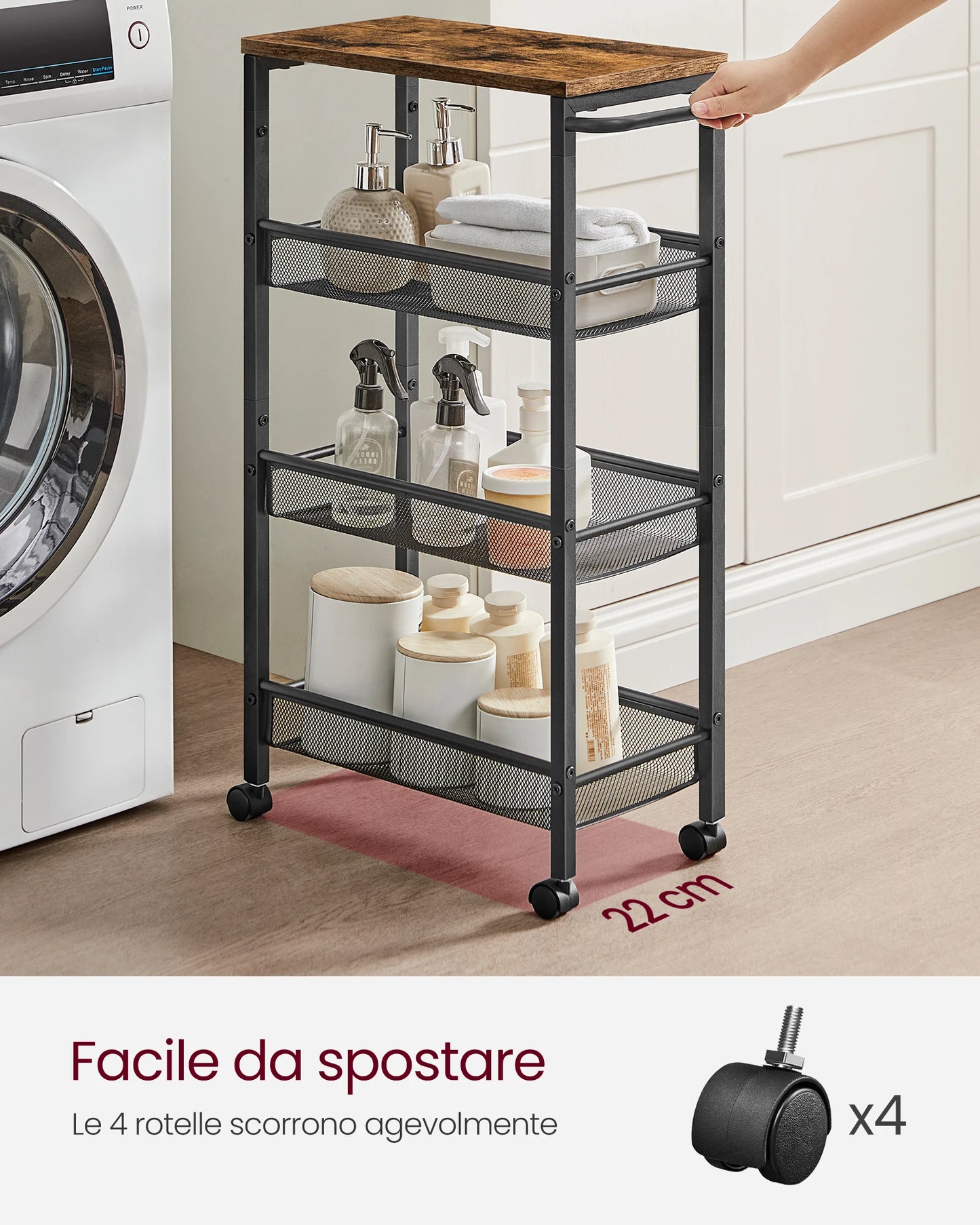 VASAGLE 4-Tier Trolley with Space-Saving Kitchen Trolley with Wheels, Handle, Small Spaces, Bathroom Living Room Study,