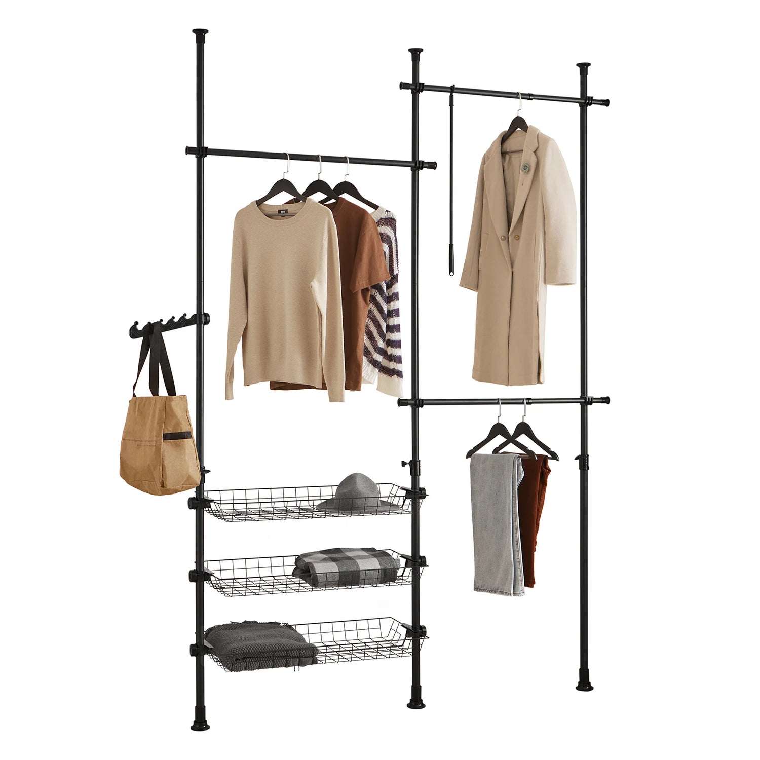 SoBuy FRG34 Shelving System with 3 dresses Bars and 3 Baskets Telescopic Wardrobe System Adjustable Order System