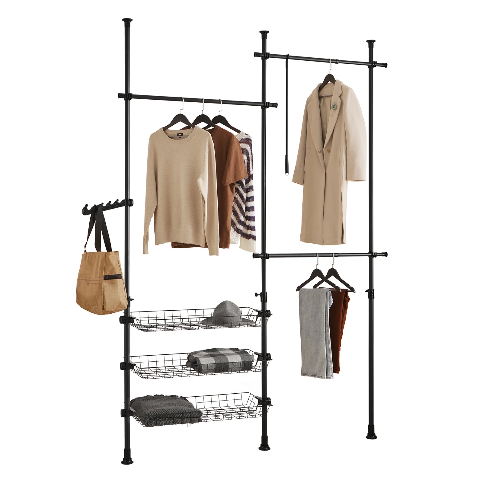 SoBuy FRG34 Shelving System with 3 dresses Bars and 3 Baskets Telescopic Wardrobe System Adjustable Order System